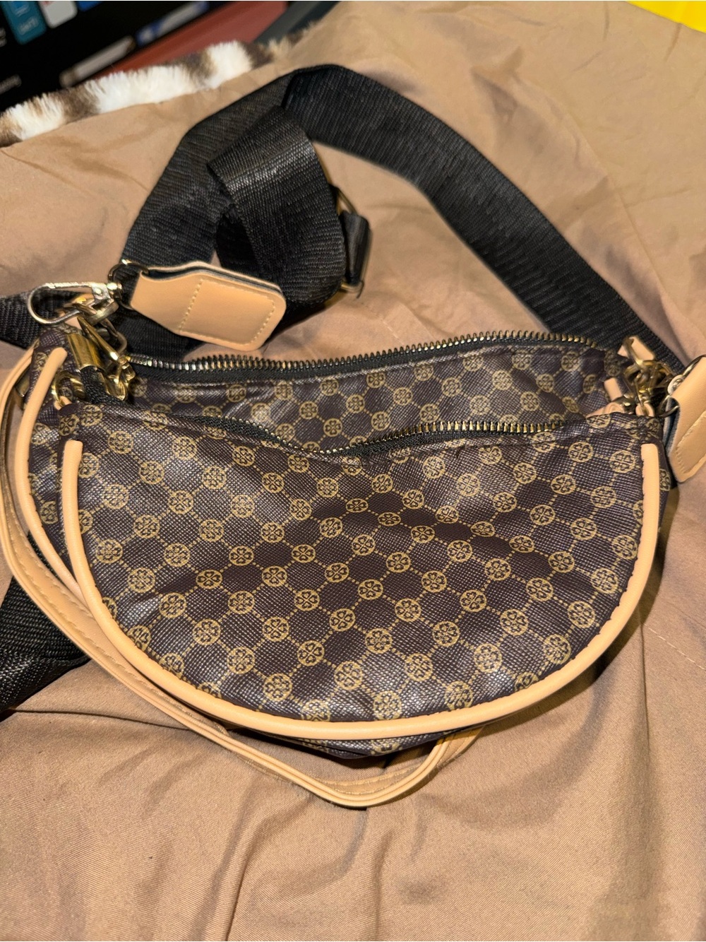 Women's Brown Patterned Crossbody Bag with Tan Trim